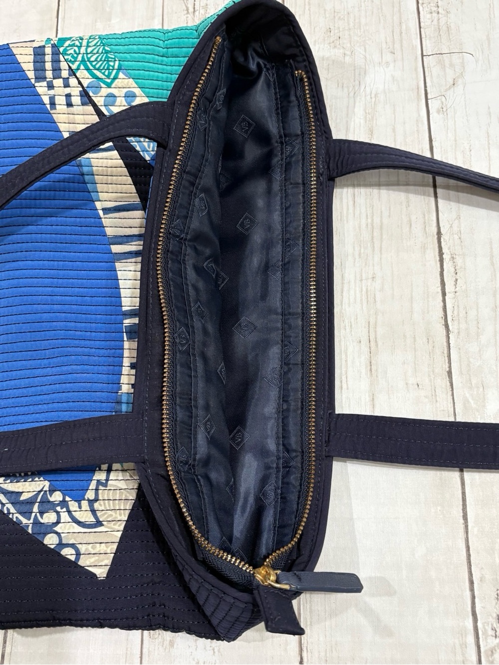 Vera Bradley Santiago Flower Tote Navy Quilted Shoulder Bag - Picture 8 of 13